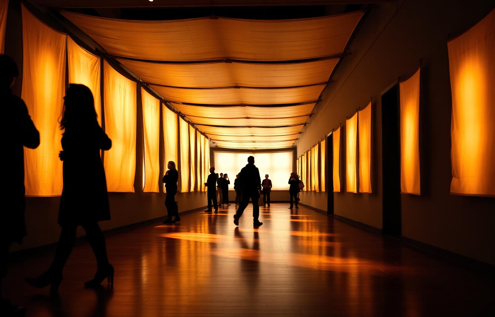 Visitors silhouetted inside an immersive exhibit with glowing fabric panels overhead.