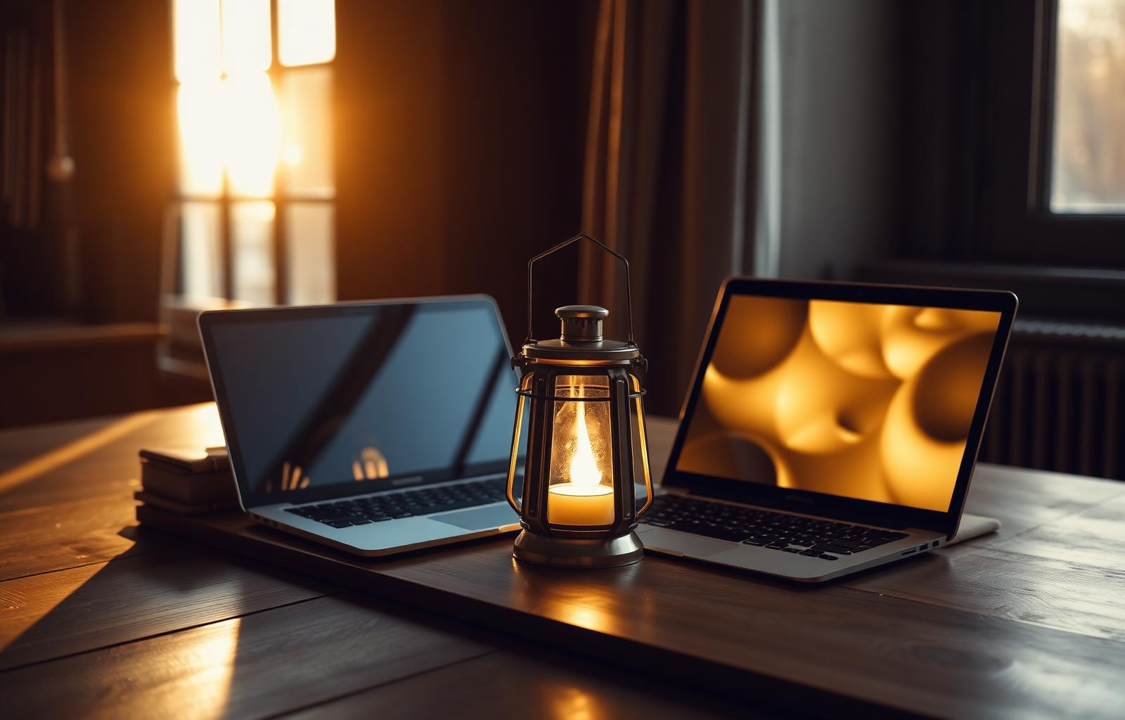 A warm lantern glowing beside open laptops on a wooden desk at golden hour.