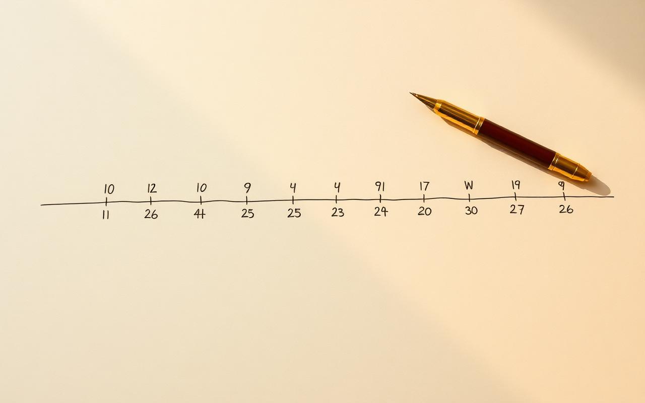 A hand-drawn timeline on warm cream paper with a brass pen resting beside it.
