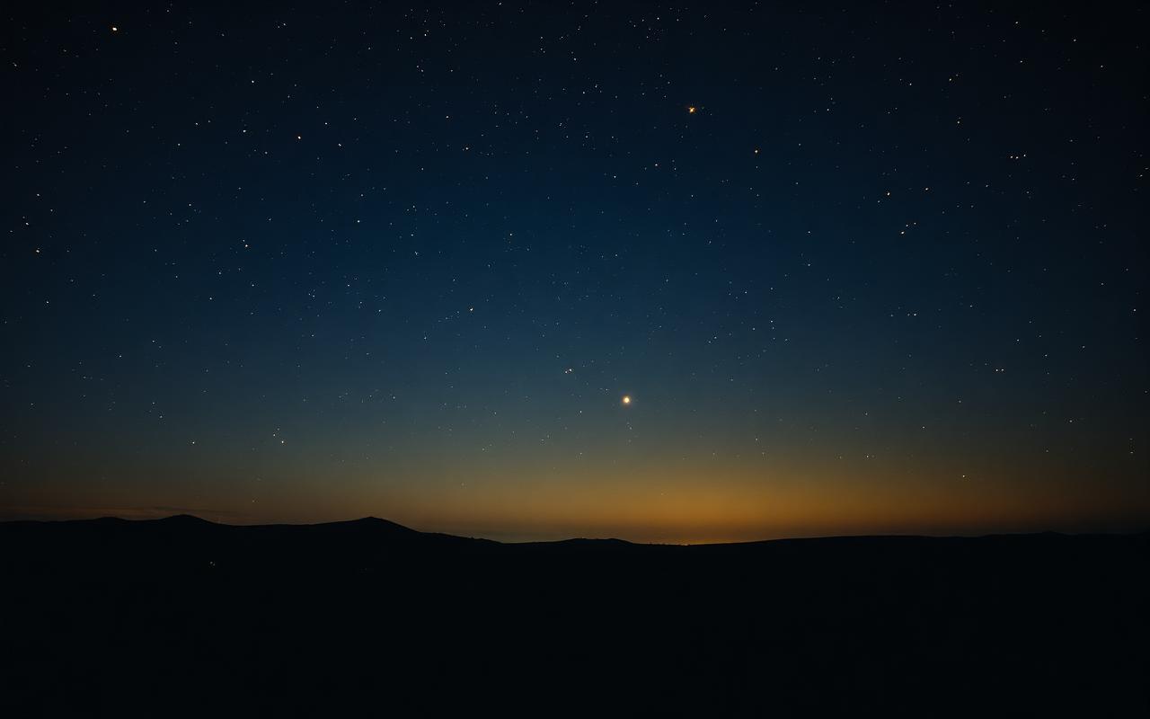 A constellation of warm stars connected by faint lines over a quiet horizon.